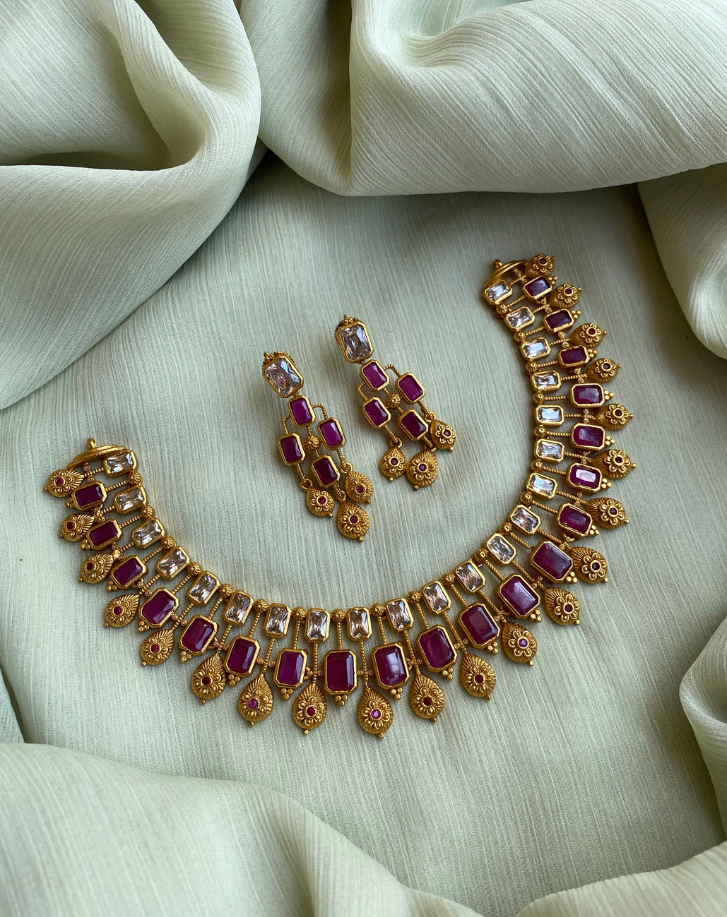 Ruby Designer American diamond cz Gold finish necklace set