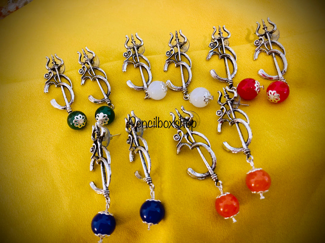 Om Trishul Oxidised Earrings with hanging bead