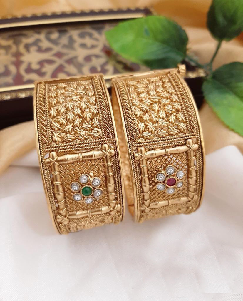Broad Multicolor stone Openable temple Pair of bangle with ruby Flower openable bangle set for women