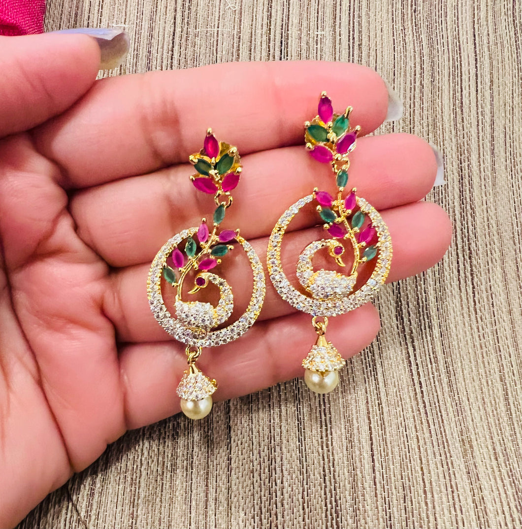 American Diamond Golden Multicolor Peacock Pearl Jhumka Earrings