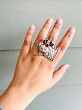 Load image into Gallery viewer, 92.5 Silver coated Ruby Pachi kundan German Silver Adjustable Nandi Ring
