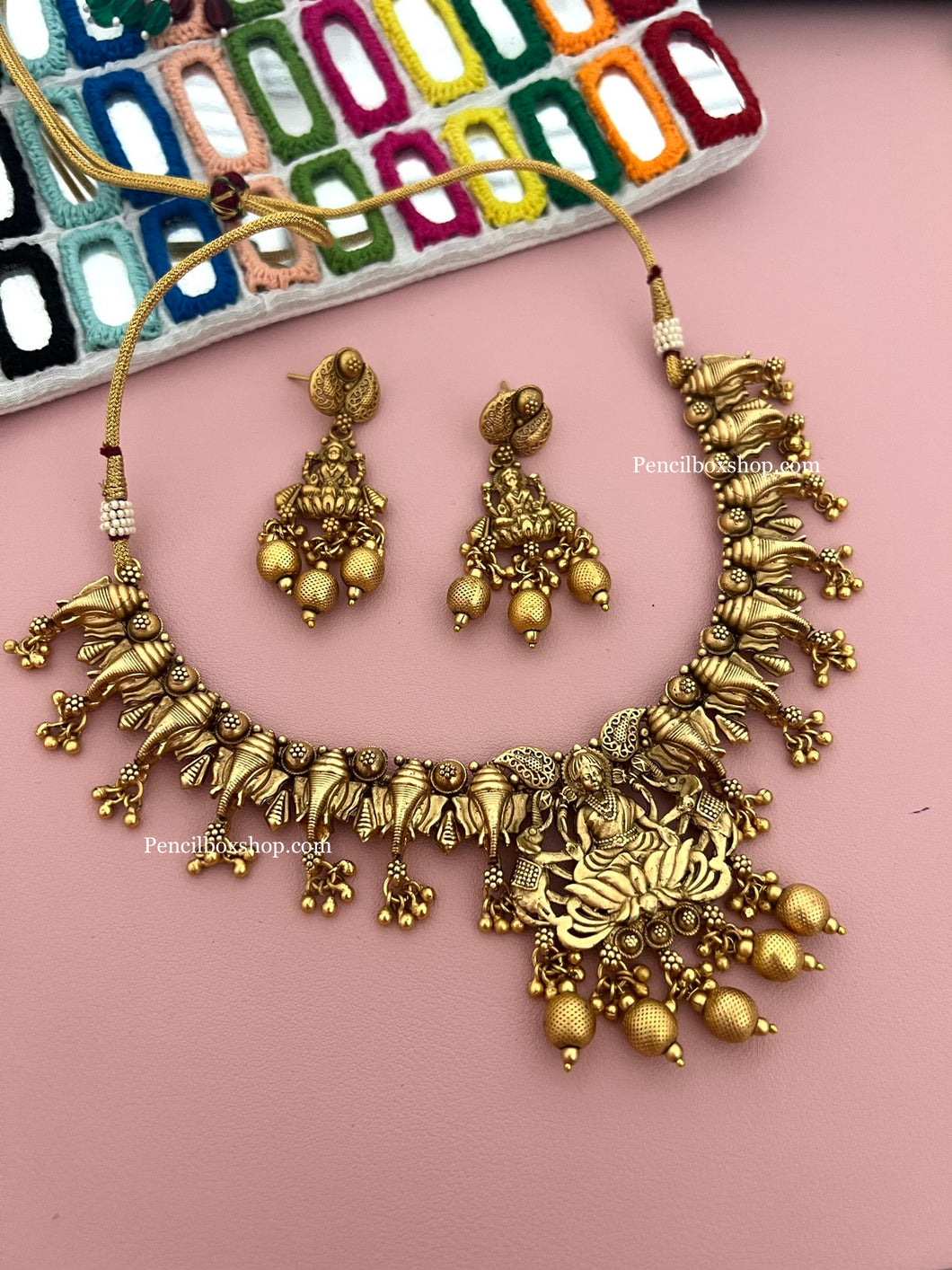 Golden Matte finish Ganesha Premium Quality Lakshmi ji Temple Jewelry Necklace set