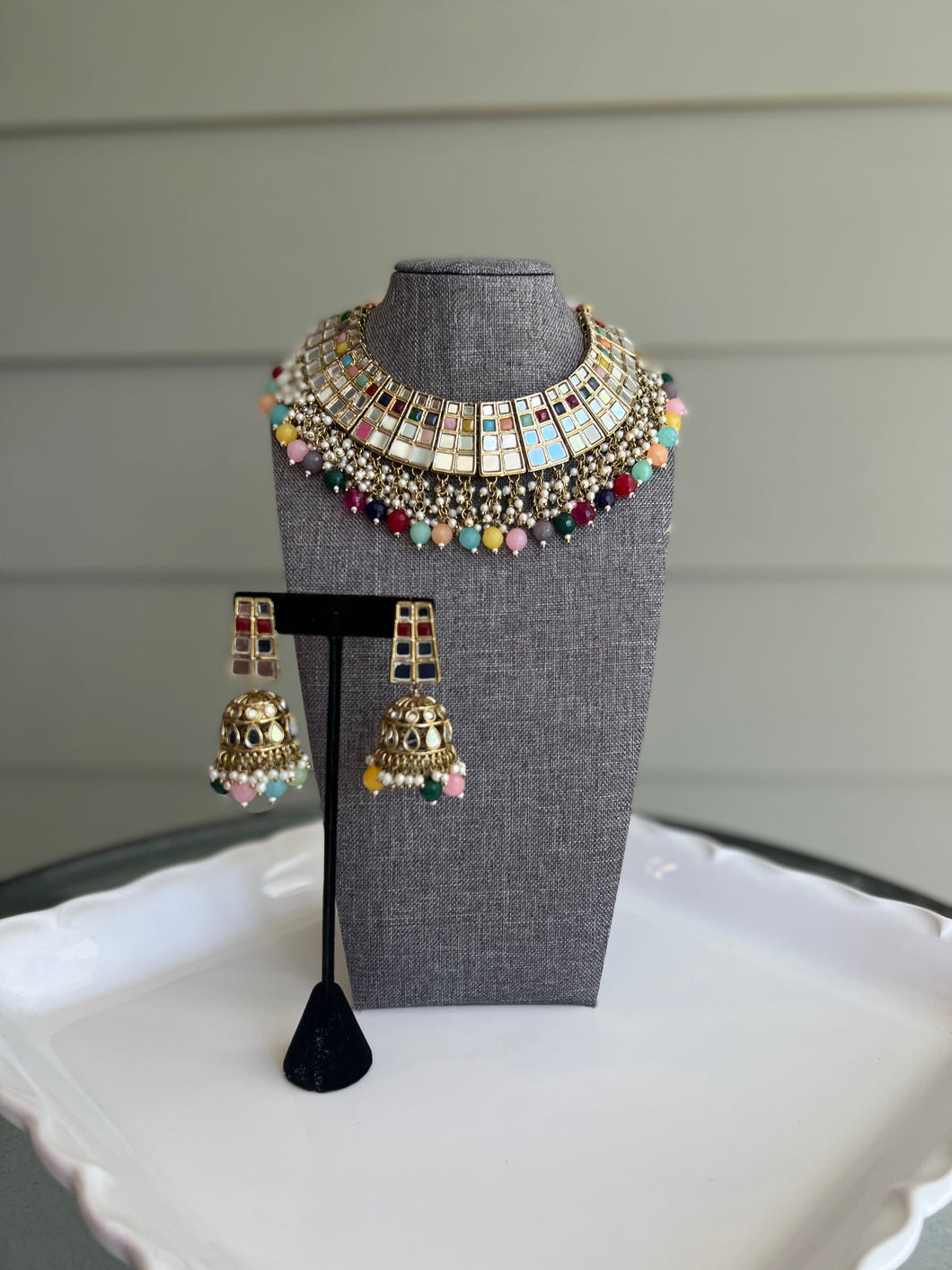 Multicolor Mirror Colorful beads Hanging necklace set with Jhumka
