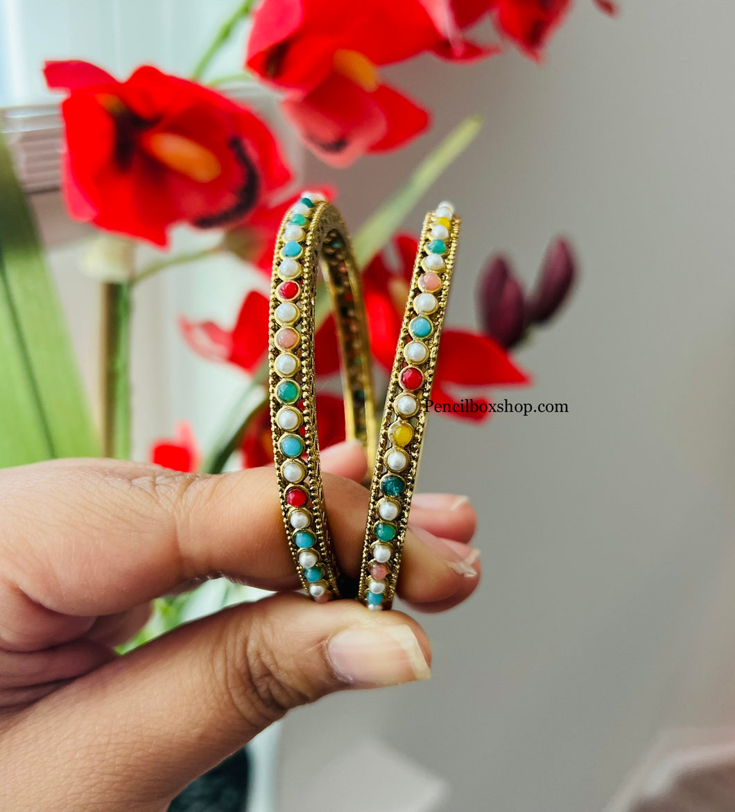 Multicolor Stone Kundan Golden round Shape pair of bangle set