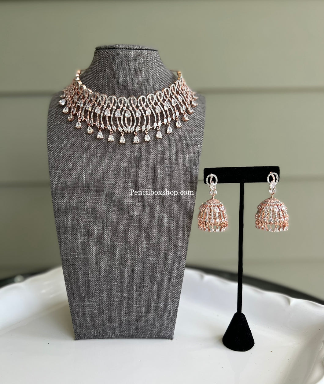 Rose Gold American Diamond Hangings Drop Designer Choker Necklace set with jhumkas