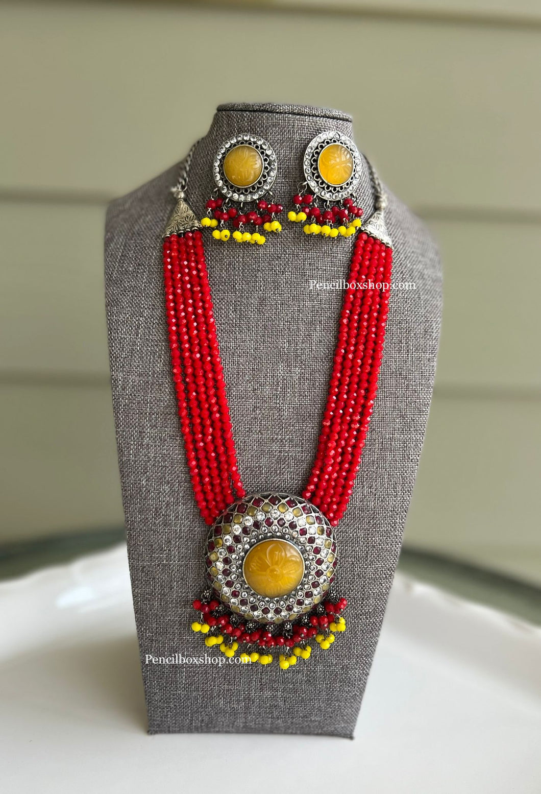 Red Yellow Beads American Diamond Long Mala Set