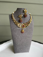 Load image into Gallery viewer, Dainty Silver Foiled Kundan Multicolor Real Kemp Stone Cz Stone Flower  necklace set
