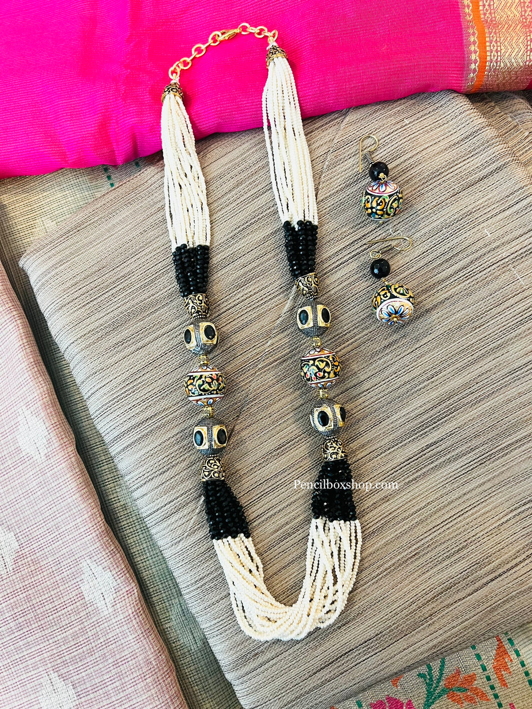Black white Pearl Meenakari Round beads long mala necklace set