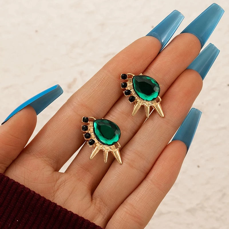 Gemstone Green Black Golden Stud Earrings comes in gift box IDW