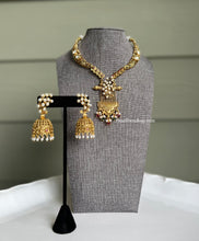 Load image into Gallery viewer, Golden Pearl Ruby Dainty premium Quality Kundan Silver Foiled Dainty Necklace set
