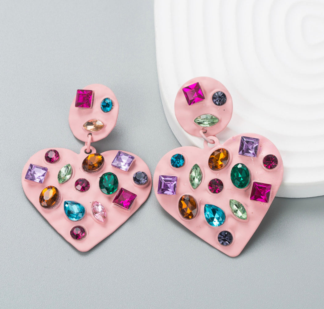 Pink Heart Multicolor Crystal Rhinestone Earrings IDW