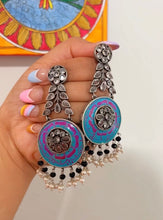 Load image into Gallery viewer, German Silver Handpainted White Stone Long Dangling Earrings

