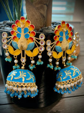 Load image into Gallery viewer, Meenakari peacock jhumkas with hydro beads pearl Earrings for women
