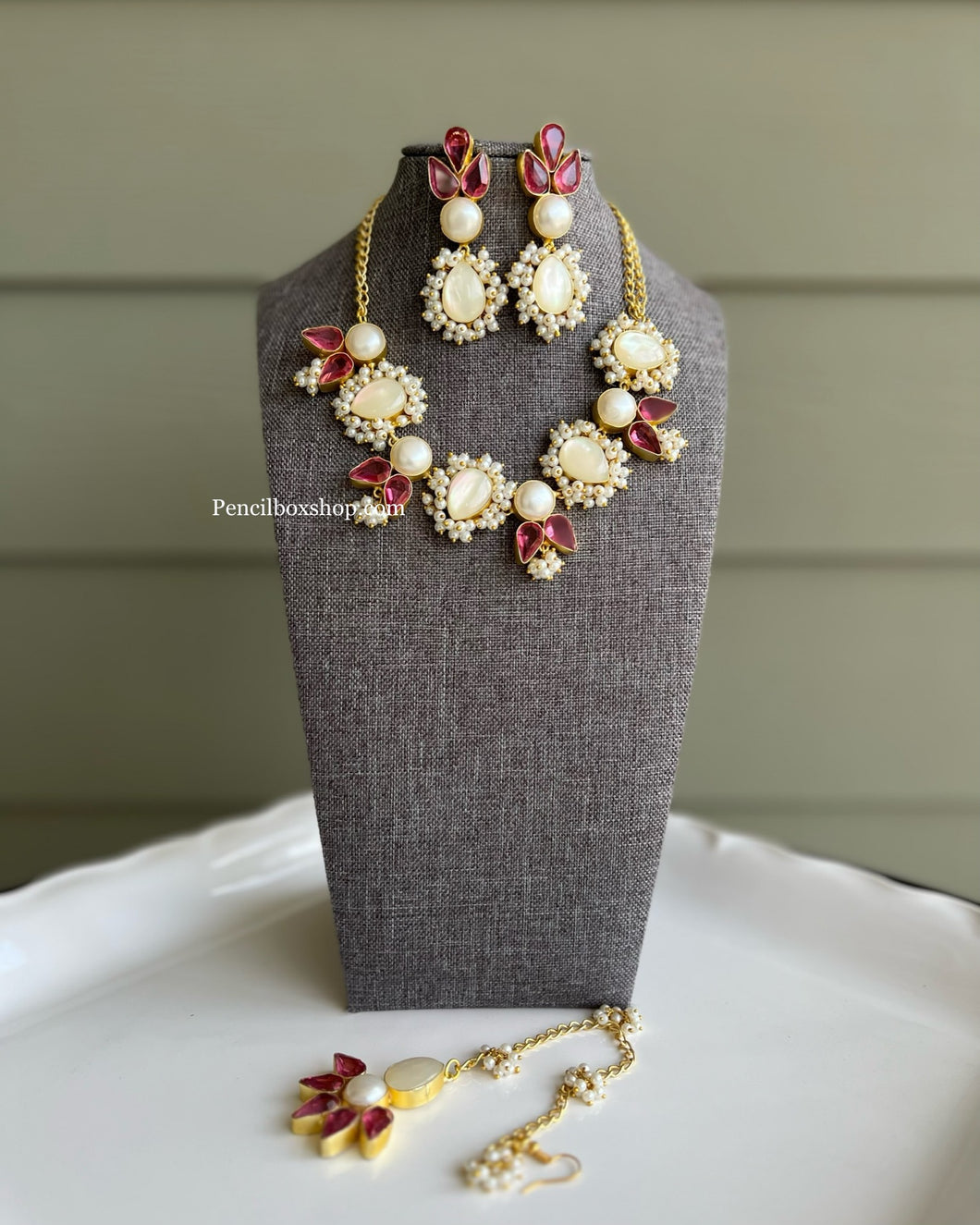 Contemporary Designer Pearl Ruby White Natural Stone Necklace set