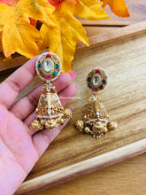 Load image into Gallery viewer, Round Amrapali Navratna Kundan Silver foiled Brass Earrings with jhumkas

