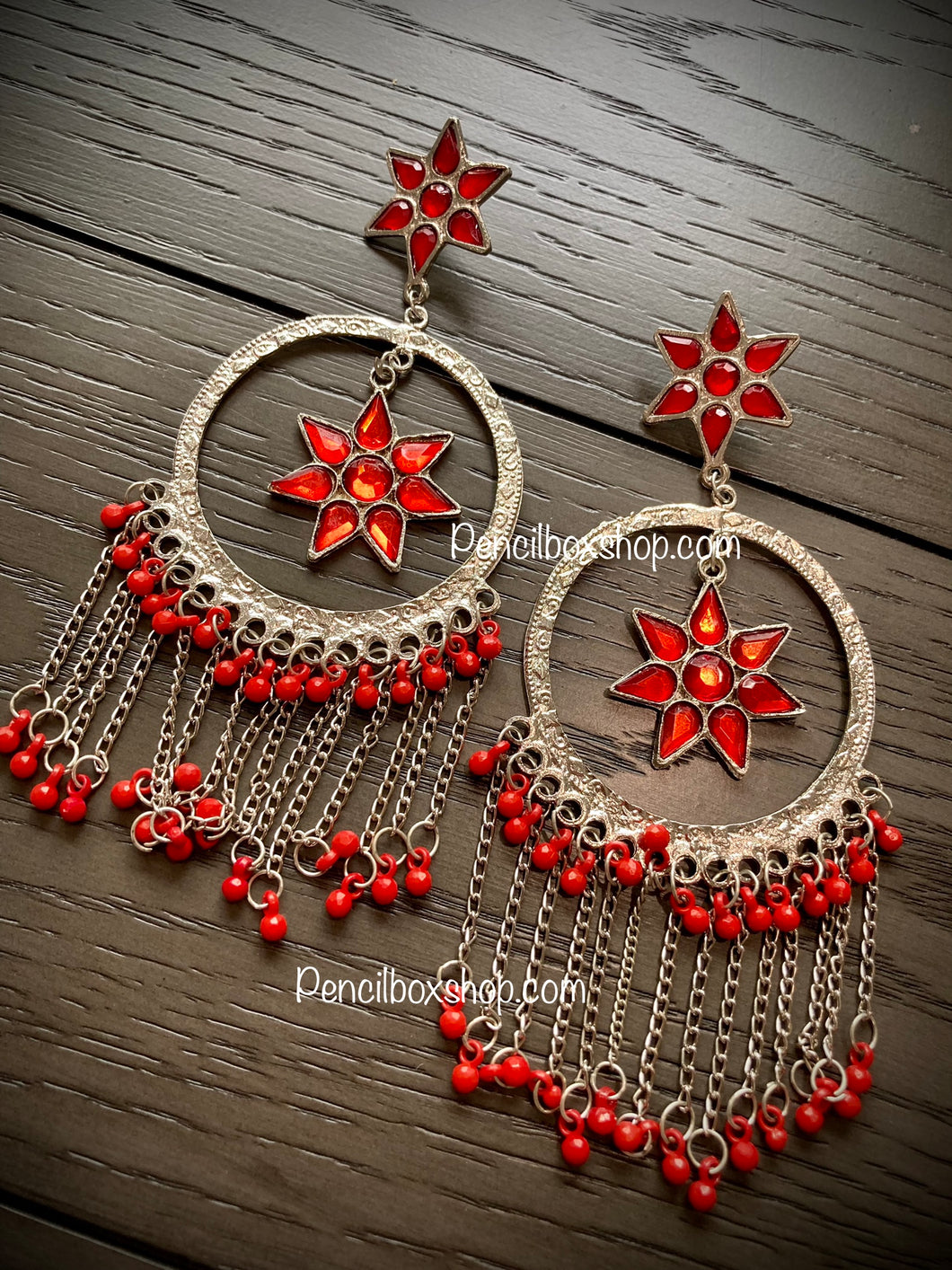 Flower Star Shape Long tassel Oxidised Earrings