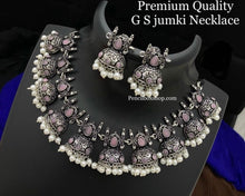 Load image into Gallery viewer, German silver Jhumka design Ruby green simple sleek necklace set
