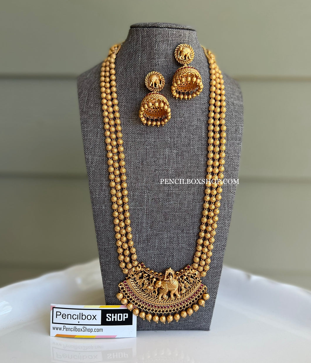 Ruby Elephant Baraat Gold matte finish Golden Beads Temple Necklace set