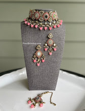 Load image into Gallery viewer, Pink Mirror Choker with hanging beads Statement Piece Necklace Choker set with maangtikka
