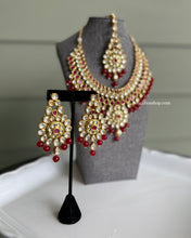Load image into Gallery viewer, Aarni Kundan Ruby Heavy Statement Designer Bridal Piece Necklace set with maangtikka
