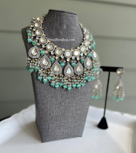 Load image into Gallery viewer, Noor - Uncut Polki Dual Tone Silver Foiled Mint Pink Statement Designer Necklace set

