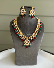Load image into Gallery viewer, Kundan flower Long Mala Beads Back meenakari necklace set
