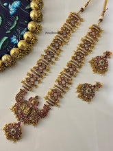 Load image into Gallery viewer, Lakshmi ji long Guttapusalu Pearls multicolor Real Kemp Stone Haram Temple Necklace set Jewelry
