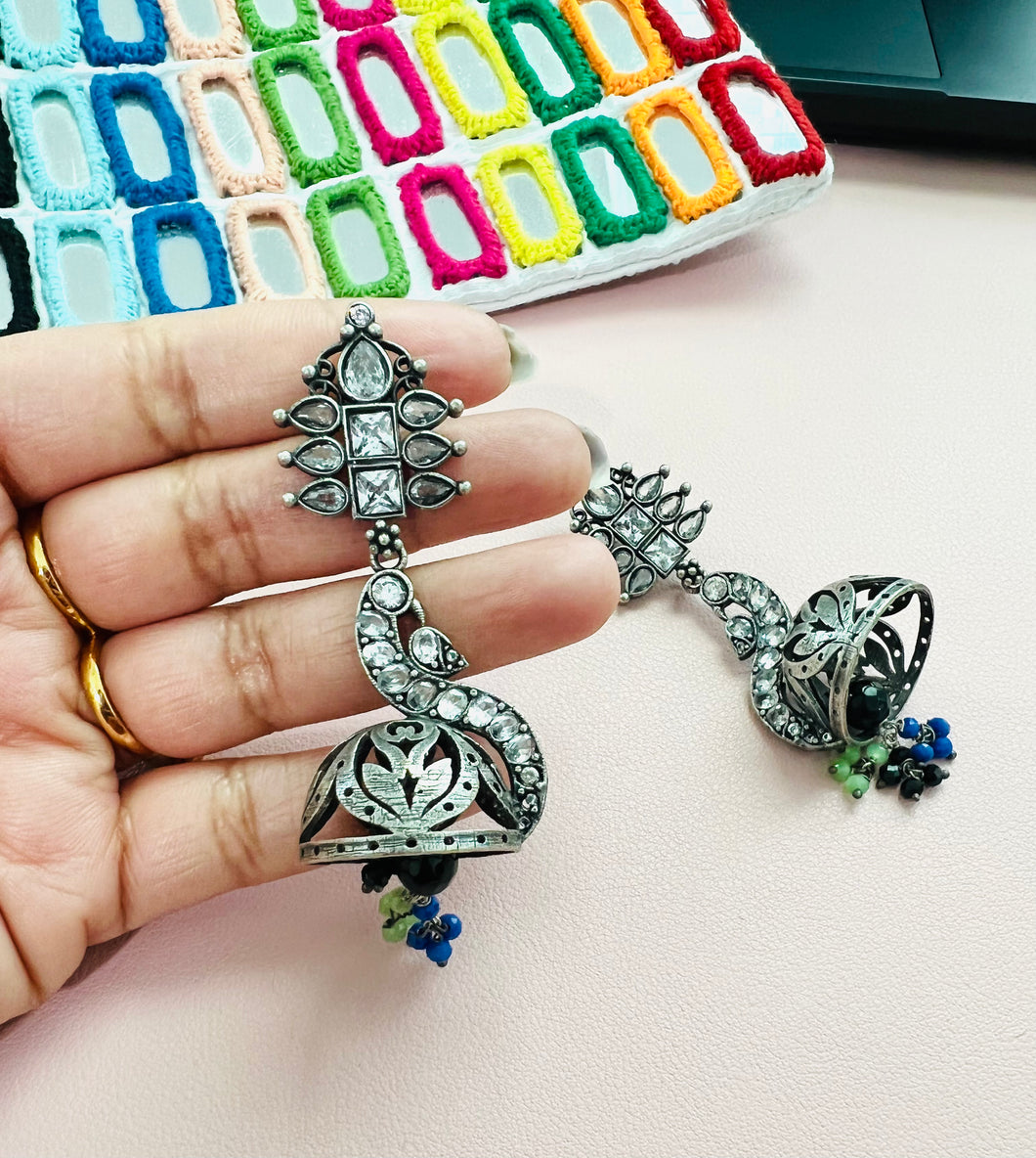 German silver white stone peacock Bell shape Beads hanging earrings