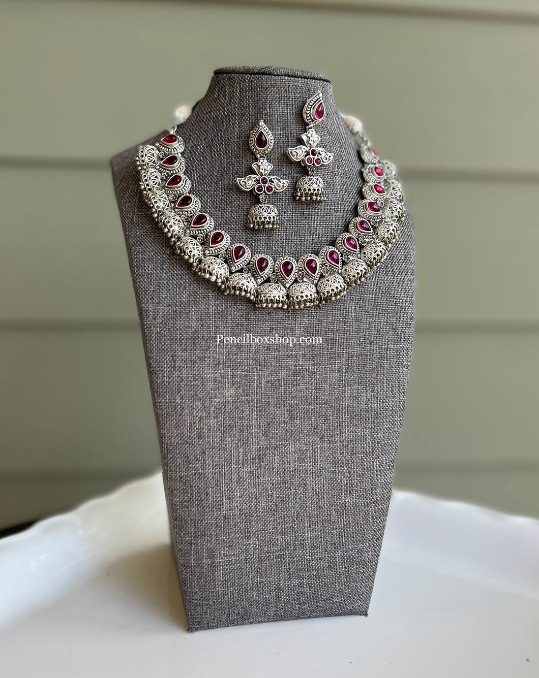 92.5 Silver coated Real Kemp stone Ruby Jhumka necklace set