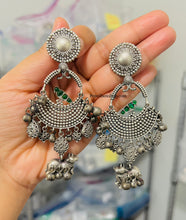 Load image into Gallery viewer, German Silver peacock Nandi Ghungroo pearl Drop Drop Earrings
