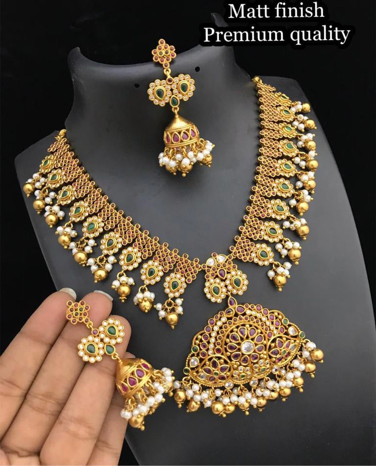 Traditional Statement Real kemp stone Haram Real Kemp Stone Multicolor cz kemp Stone Necklace set temple jewelry