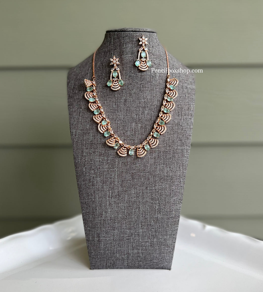 Rose Gold mint Simple Diamond Look Necklace set