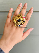 Load image into Gallery viewer, Blue Kundan Multicolor Brass made Big Statement Adjustable Ring
