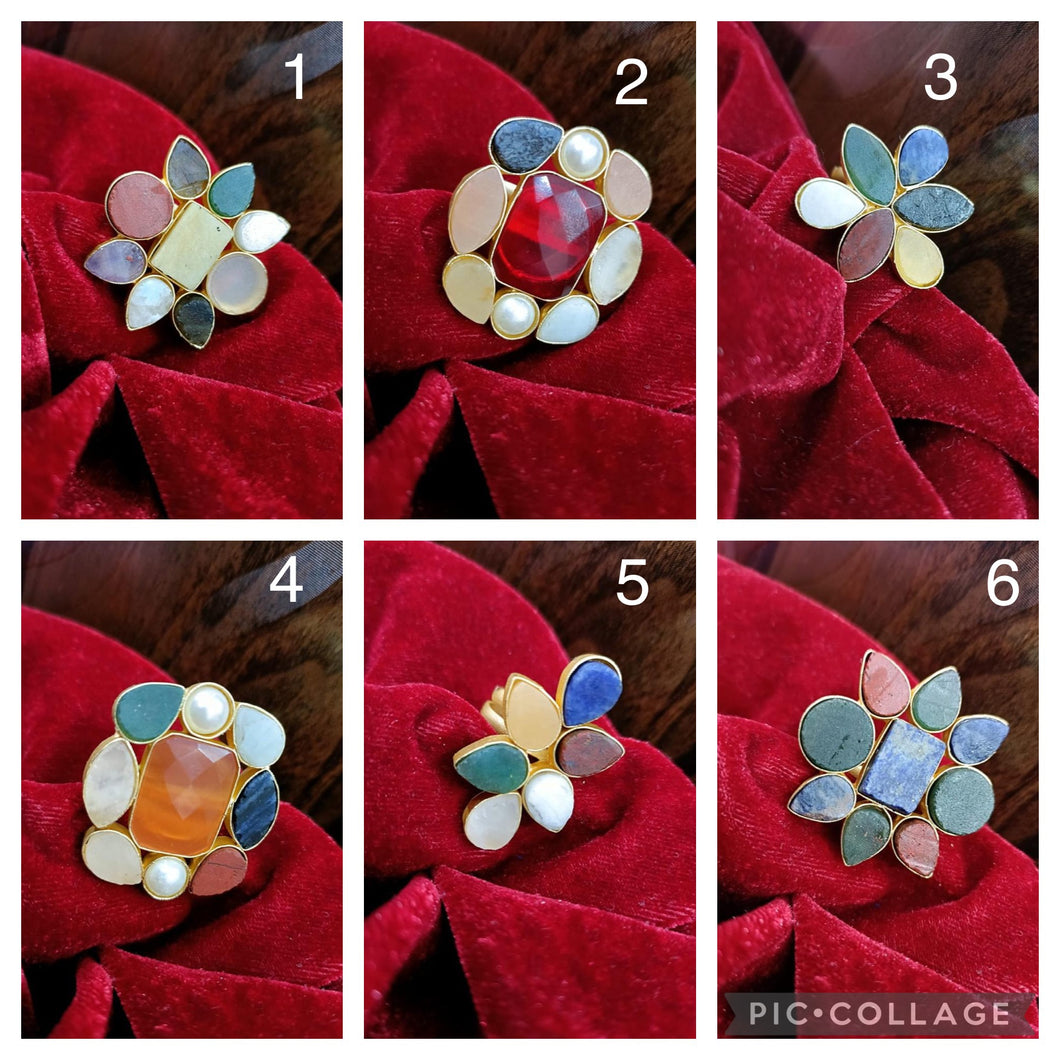 Statement Contemporary Natural Stone Brass Multicolor Adjustable Ring