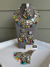 Load image into Gallery viewer, Multicolor Mirror Statement Glass Drops Necklace set with maangtikka
