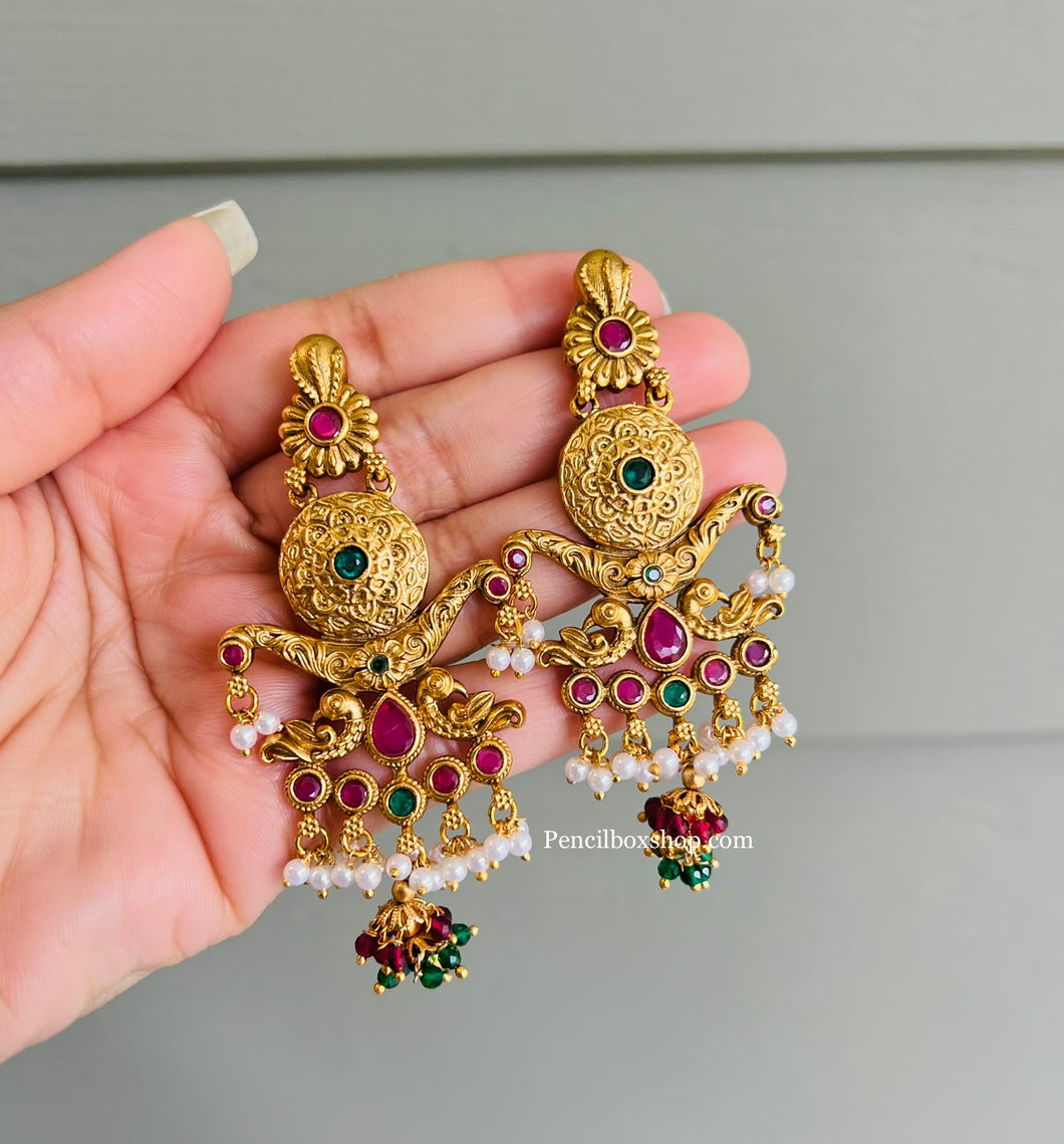 Golden Brass Premium Quality Kemp Stone peacock Jhumka Earrings