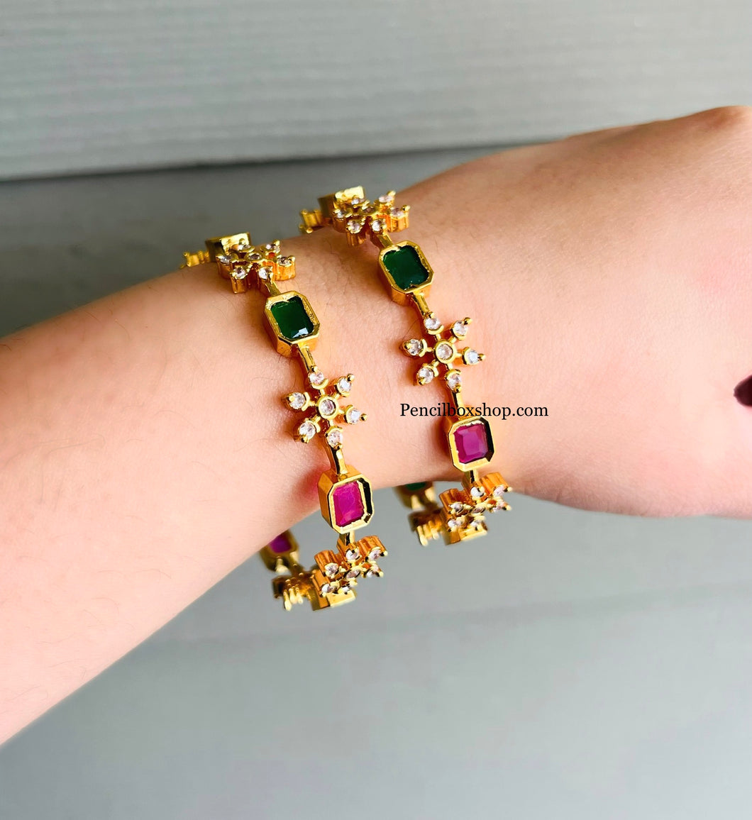 Set of 2 Bangles Navratna Multicolor Stones Daily wear gold finish