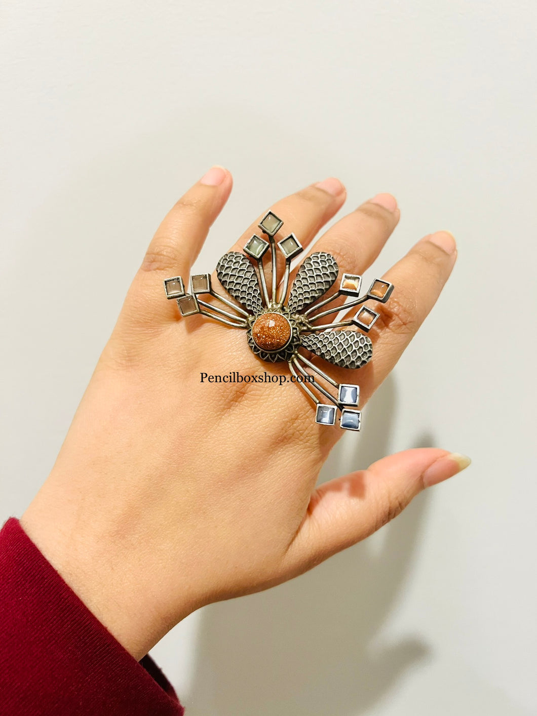 German Silver Semi Flower Glass Stone Statement Adjustable Ring for women