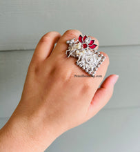 Load image into Gallery viewer, 92.5 Silver coated Ruby Pachi kundan German Silver Adjustable Nandi Ring
