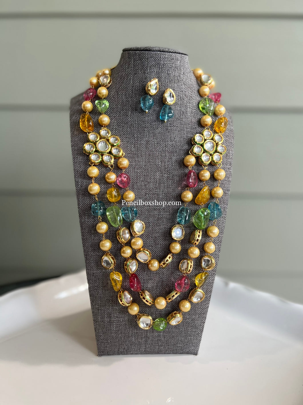 Rani Multicolor Glass Beads Kundan Premium Designer Three layered Necklace set