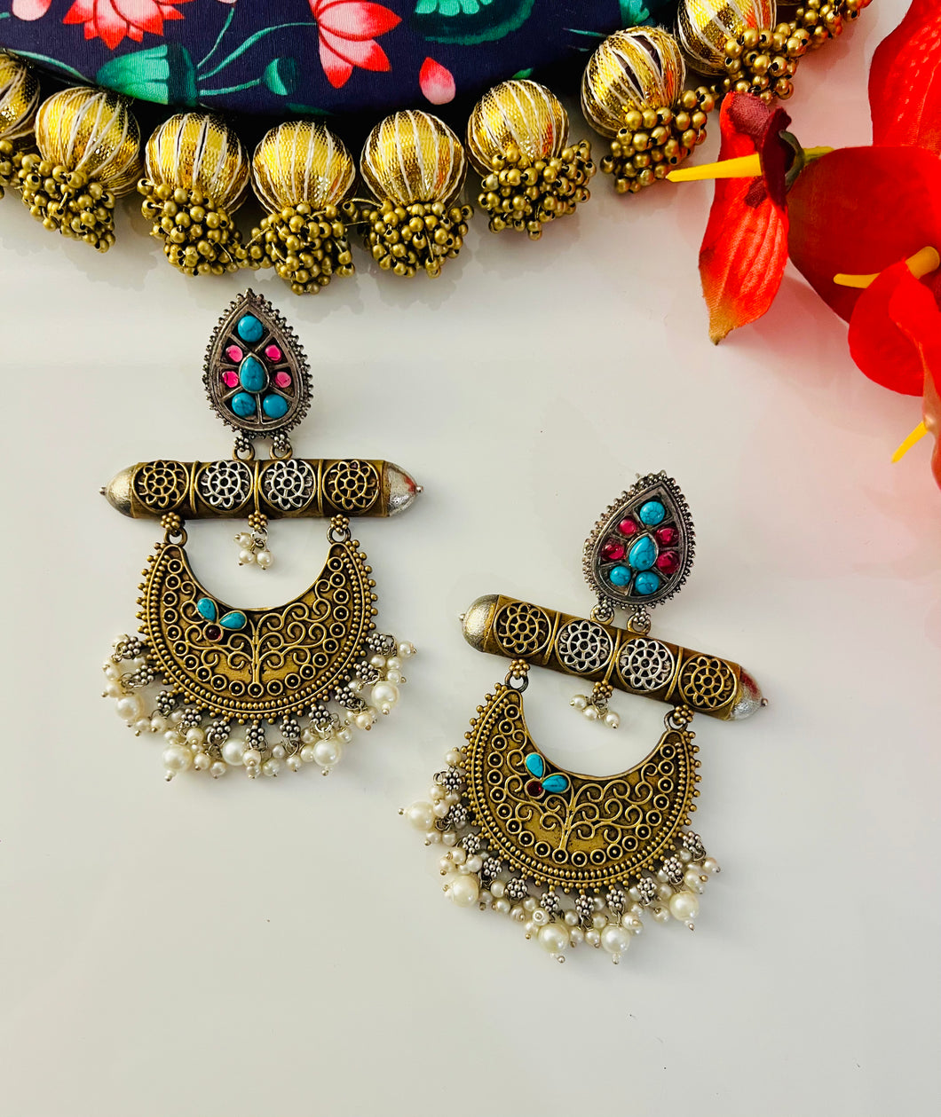 German silver Dual Tone multicolor pearl Drop Drop Earrings