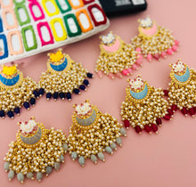 Load image into Gallery viewer, Meenakari Lotus Pearl cluster earrings for women
