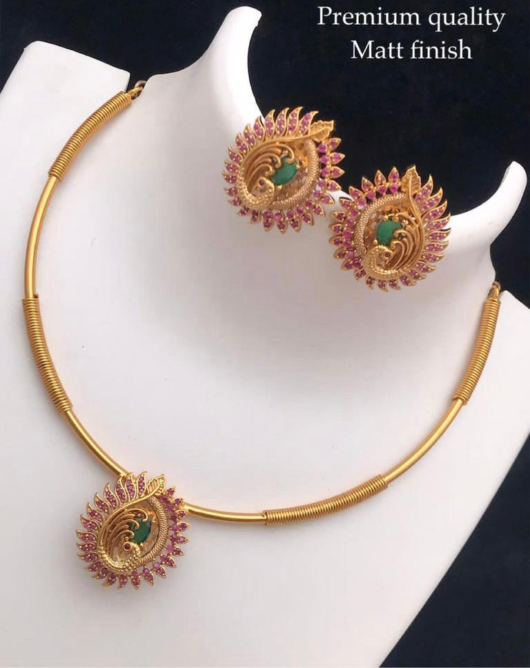 Peacock Cz Temple Multicolor Hasli Necklace set