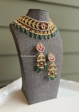 Load image into Gallery viewer, Pachi Kundan Ruby Green Multicolor Hanging beads Designer choker Necklace set
