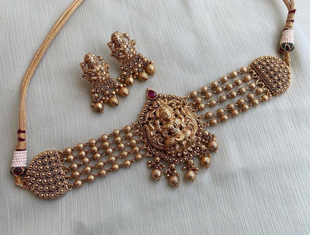 Lakshmi Gold Matte Finish Ruby Stone Golden Beads Choker Necklace set