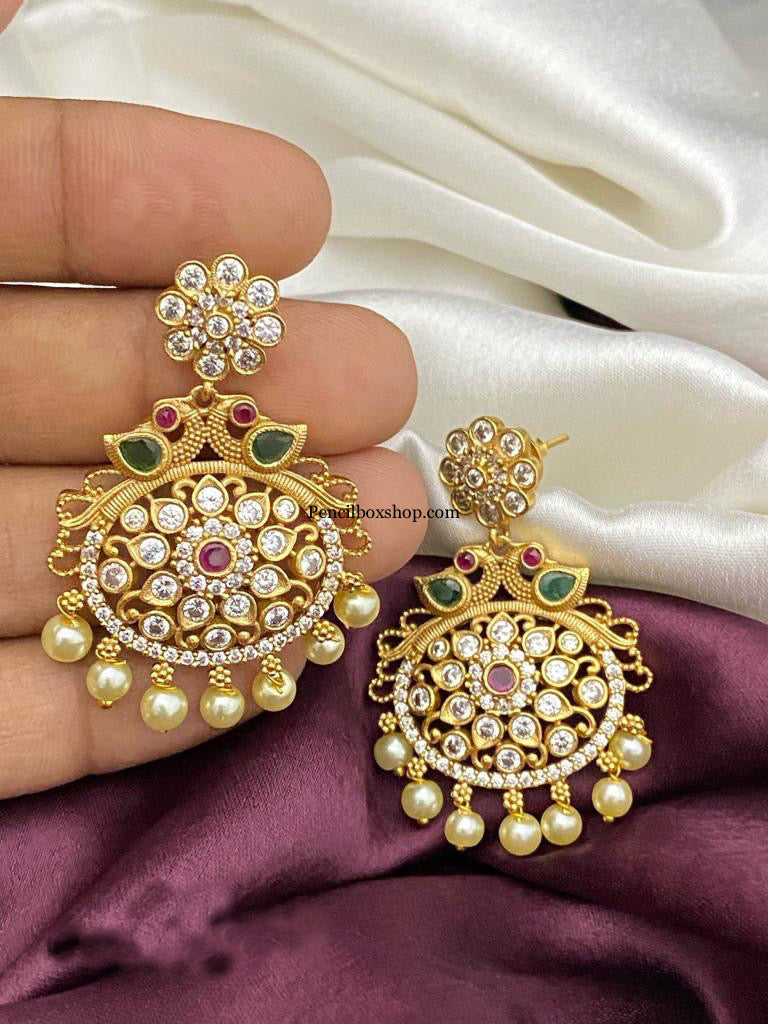 Kemp Stone peacock cz pearl Temple earrings