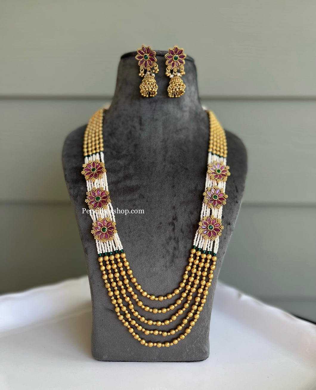 Flower Multicolor Pearl cz kemp stone Haram Designer Necklace set temple Haram jewelry