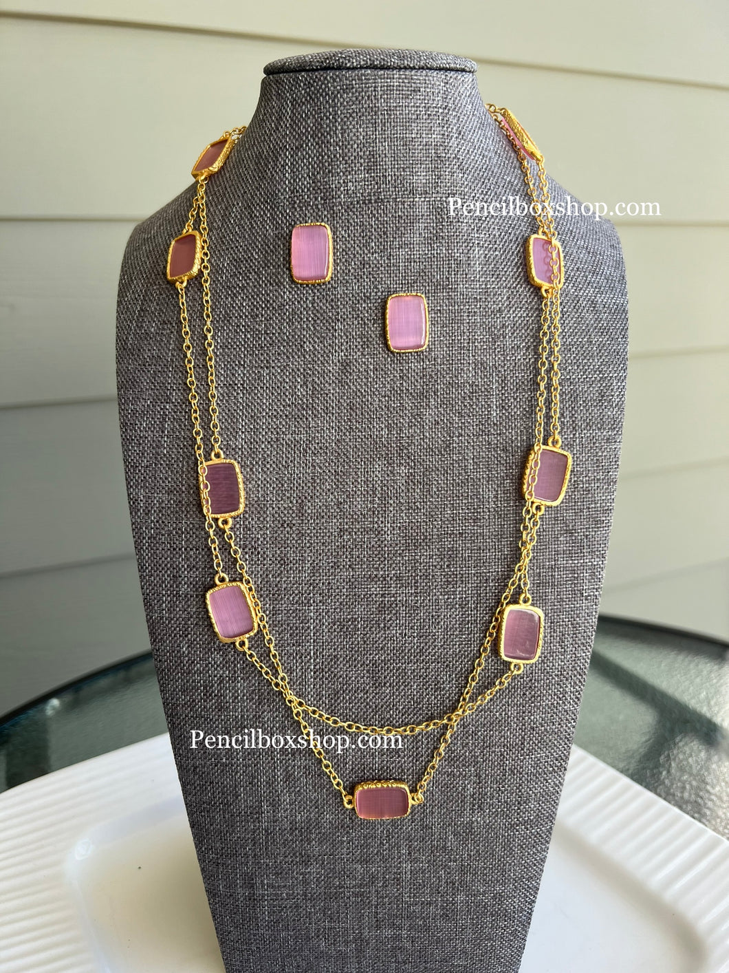 Contemporary Natural Stone Long Gold brass made Long  Necklace set