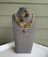 Load image into Gallery viewer, Dainty Silver Foiled Kundan Multicolor Real Kemp Stone Cz Stone Flower  necklace set
