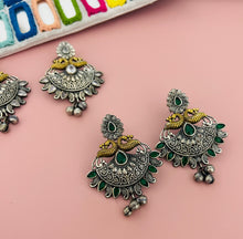 Load image into Gallery viewer, Dual tone German silver Peacock Glass Stone Ghunghroo Earrings

